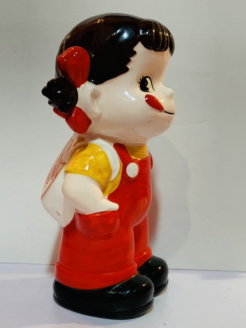 80's Peko 陶器人形貯金箱-吊帶服
