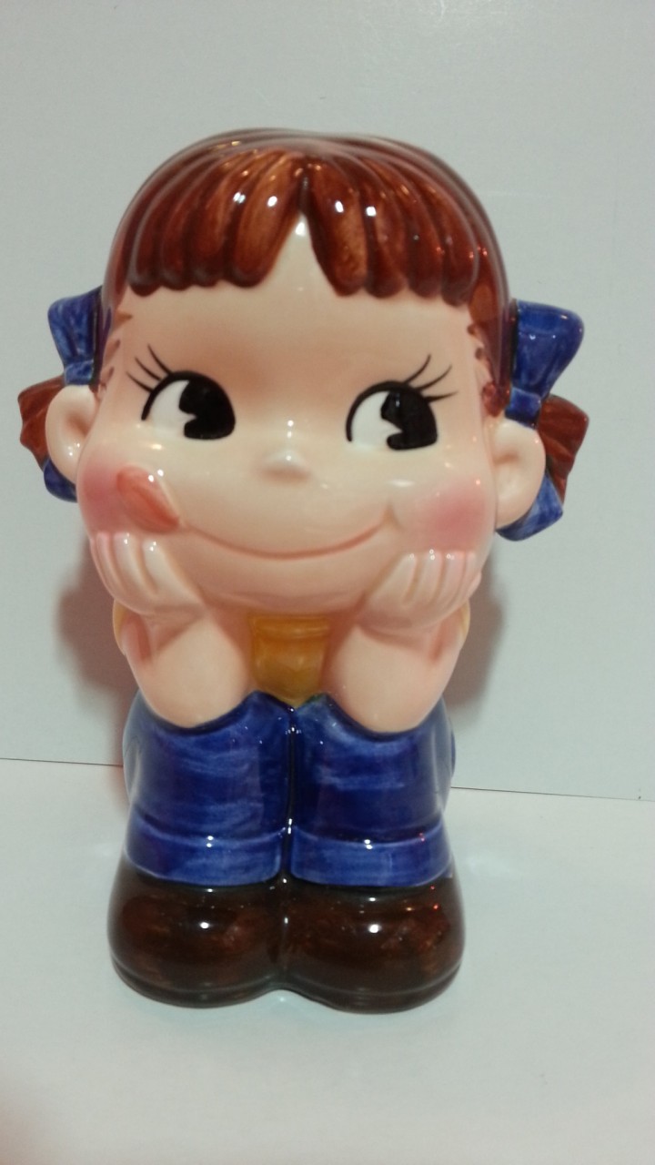 80's Peko 陶器人形貯金箱-藍色蝴蝶結