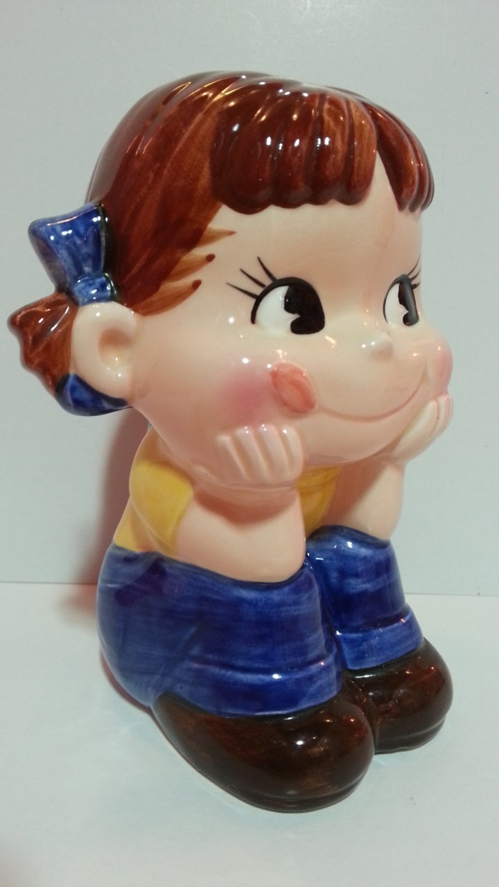 80's Peko 陶器人形貯金箱-藍色蝴蝶結